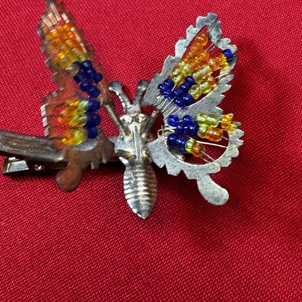 Glass Beaded Trembler Butterfly Hair Clip Silver Tone Accessory Vintage